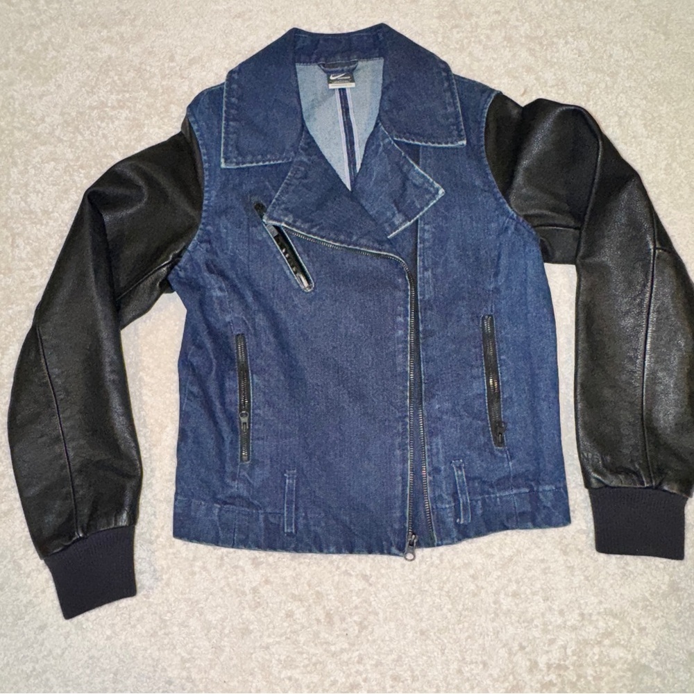 Nike NSW Selvedge Moto Destroyer Dark Blue Denim Jacket with Leather Sleeves - Picture 5 of 6